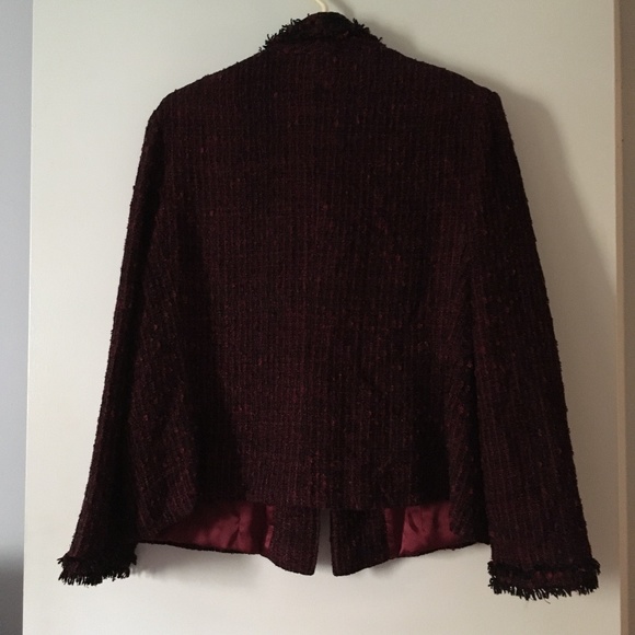 ZONDA NELLIS Burgundy + Black Chanel Style Boucle Tweed Fringe Trim Jacket L - Picture 4 of 5